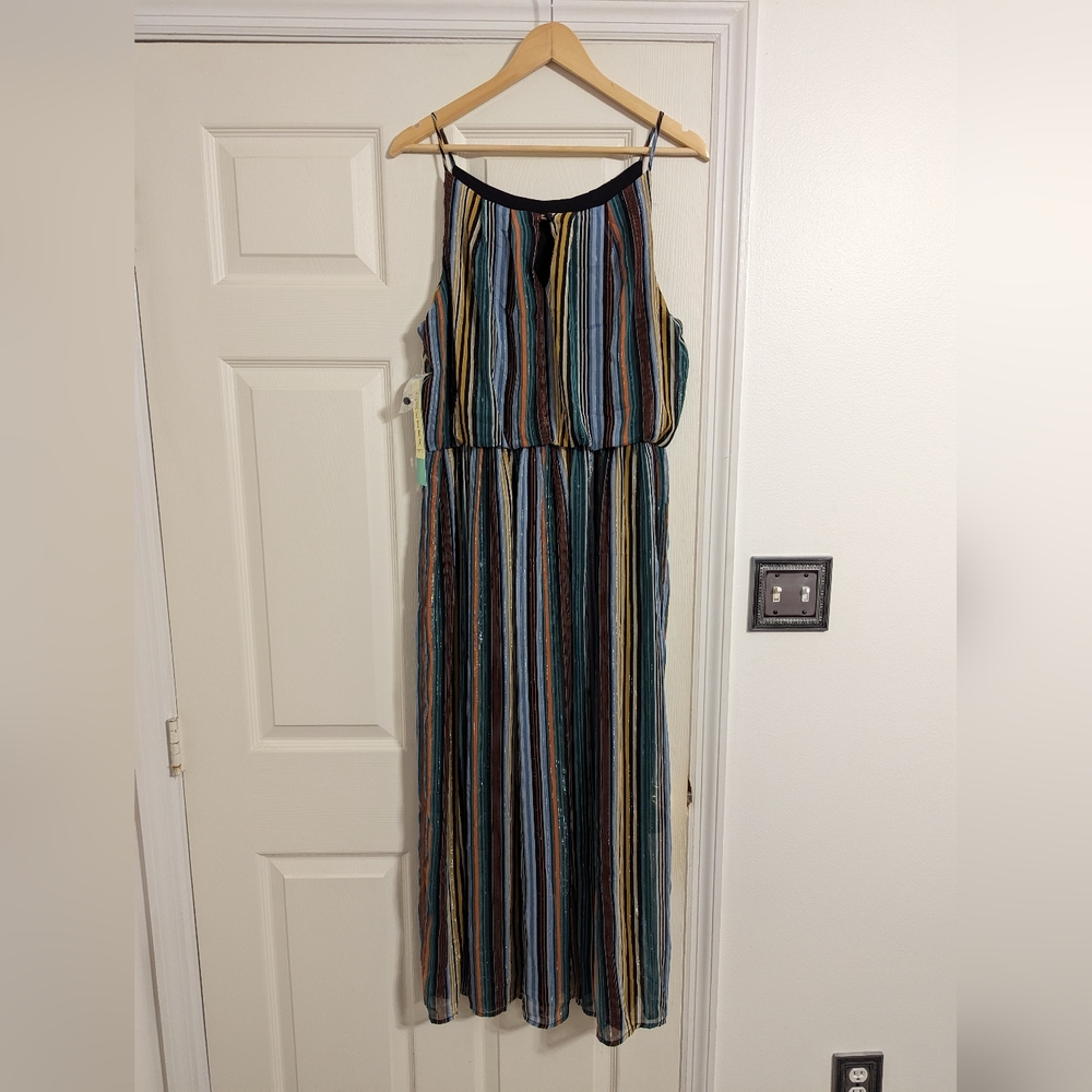 Tacera dress green/yellow/black metallic striped size Petite XL NWT